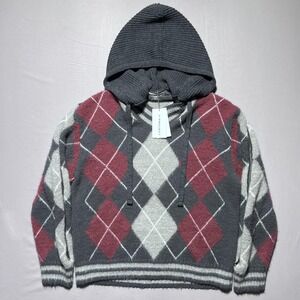 Y/Project Argyle Sweater Unisex Large Gray‎ Burgundy Hooded Arm Zip Mohair Blend
